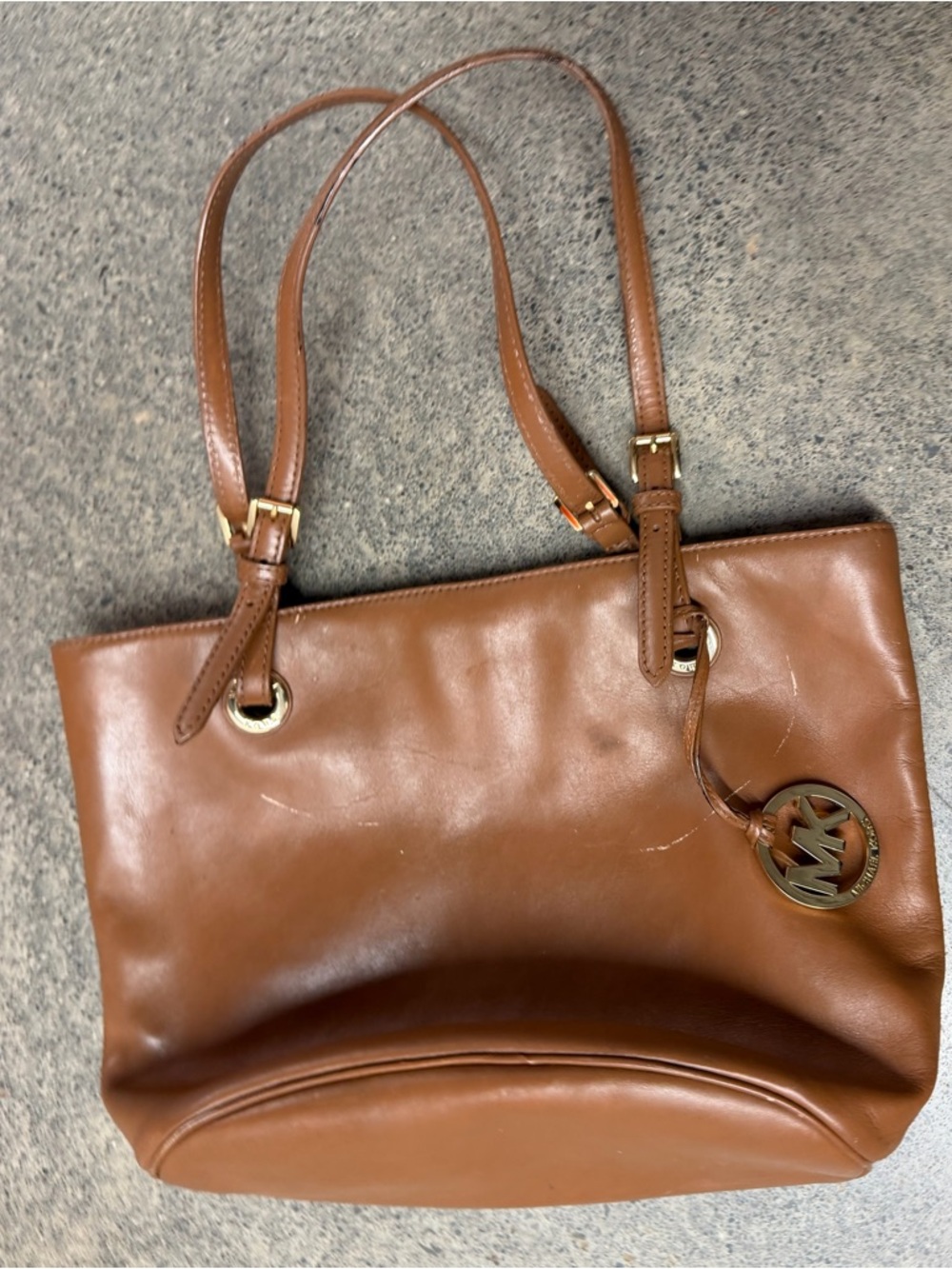 Michael Kors Cognac Medium Leather Tote with Gold Logo Charm